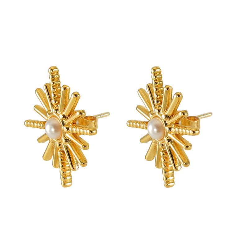 Gold-Plated Sunburst Pearl Stud Earrings – Classic Stainless Steel Earrings - Begum