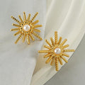 Gold-Plated Sunburst Pearl Stud Earrings – Classic Stainless Steel Earrings - Begum