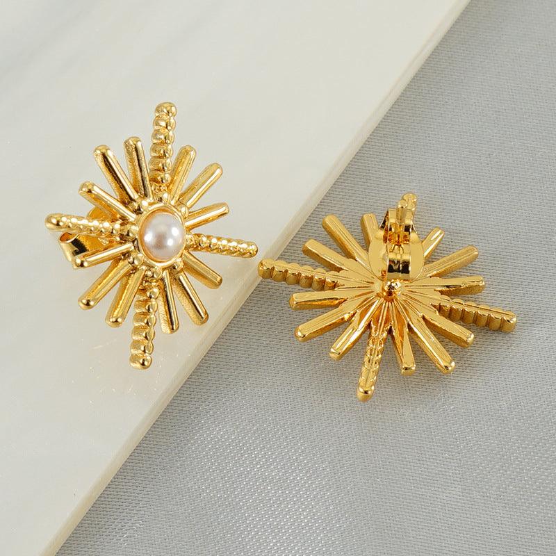 Gold-Plated Sunburst Pearl Stud Earrings – Classic Stainless Steel Earrings - Begum