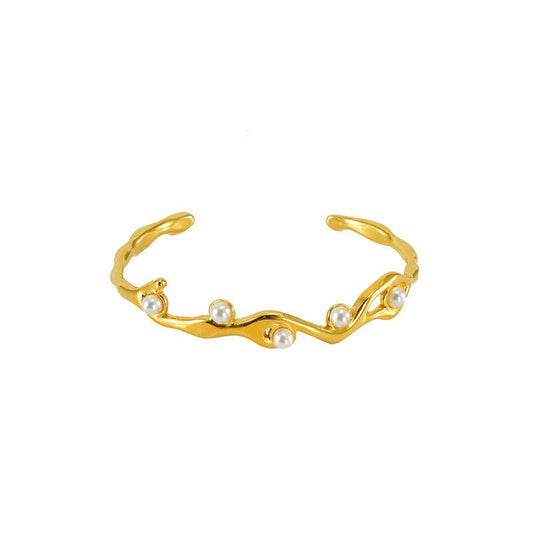 Gold Wave Cuff Bracelet with Pearl Accents – Trendy Coastal Jewelry - Begum