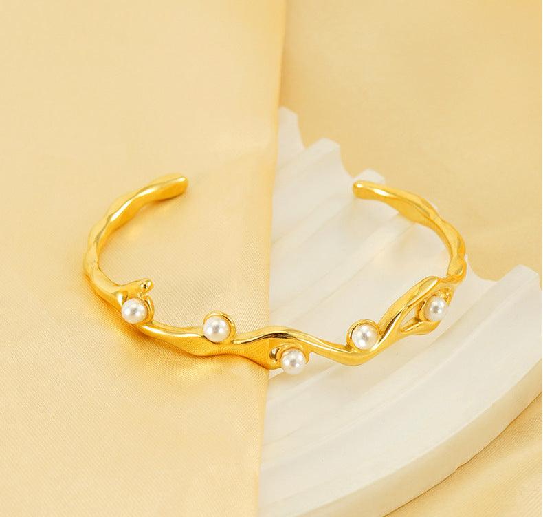 Gold Wave Cuff Bracelet with Pearl Accents – Trendy Coastal Jewelry - Begum