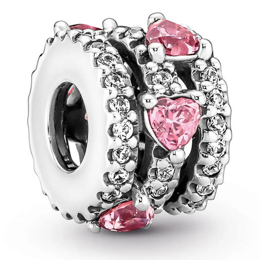 Hearts sterling silver charm with clear and fancy pink cubic zirconia