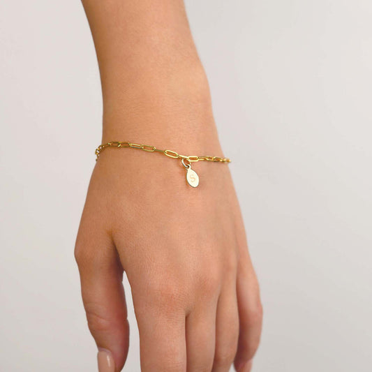 Yellow Gold Plated Fine Clip Chain Bracelet with Two Oval Initial