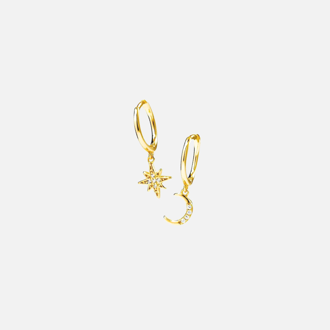 Celestial Huggies in Gold with star and moon charms