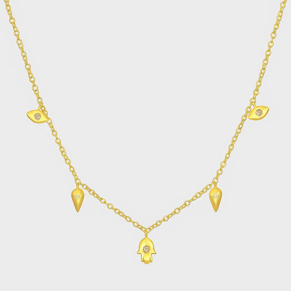 Charm Necklace Featuring Eye, Teardrop & Hand Motifs