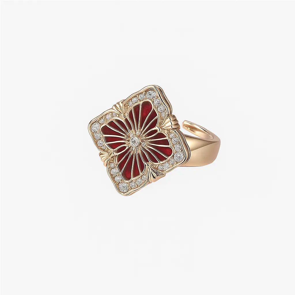 Red Floral Zircon Copper Ring