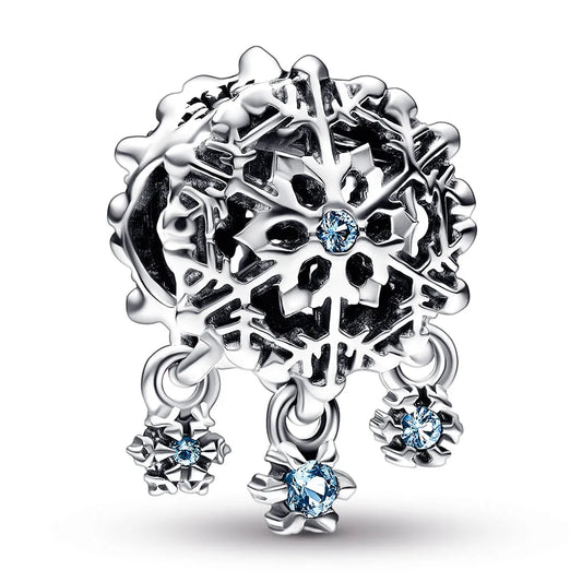 Snowflake sterling silver charm with bleached aqua blue crystal and icy blue crystal