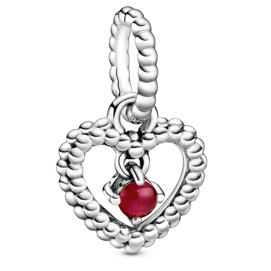 January Dark Red Heart Silver Hanging Charm with Man-Made Dark Red Crystal