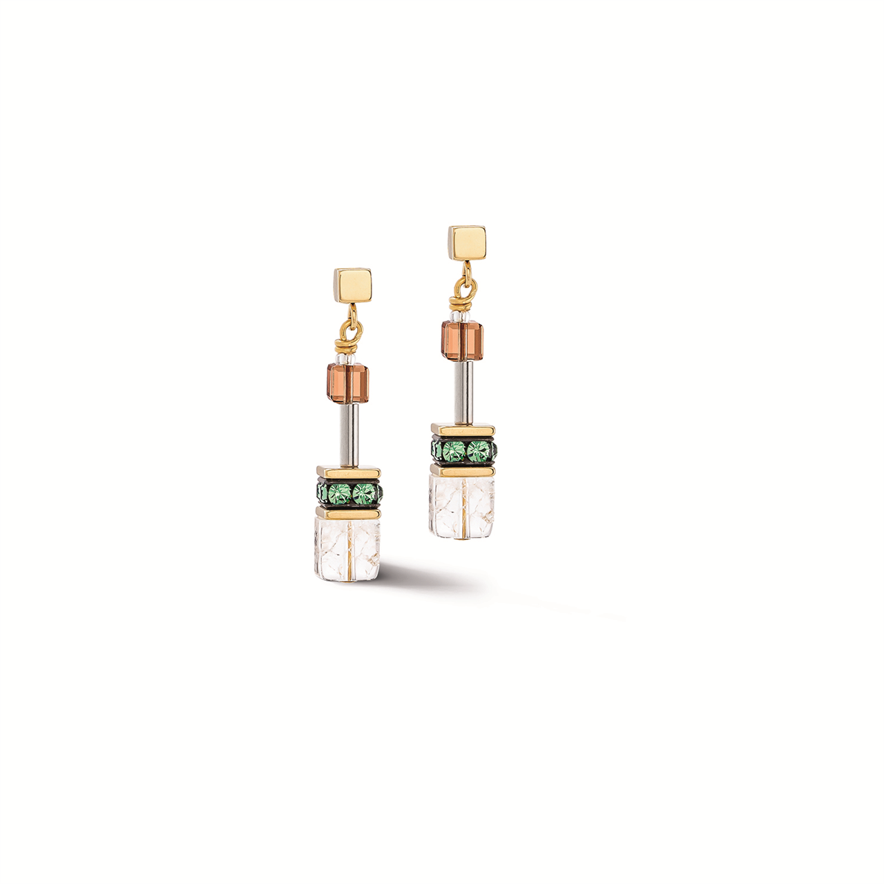 Coeur de Lion GeoCUBE Iconic Nature Earrings in Gold with Olive & Brown