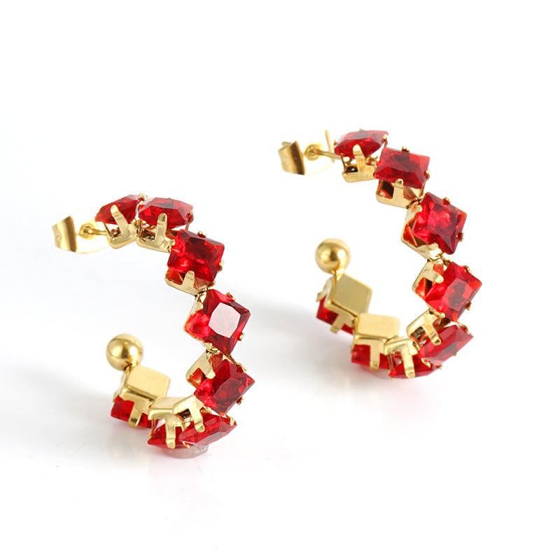 Gold PVD Plated Stainless Steel Geometric Hoop Earrings with Colorful Crystals - Begum