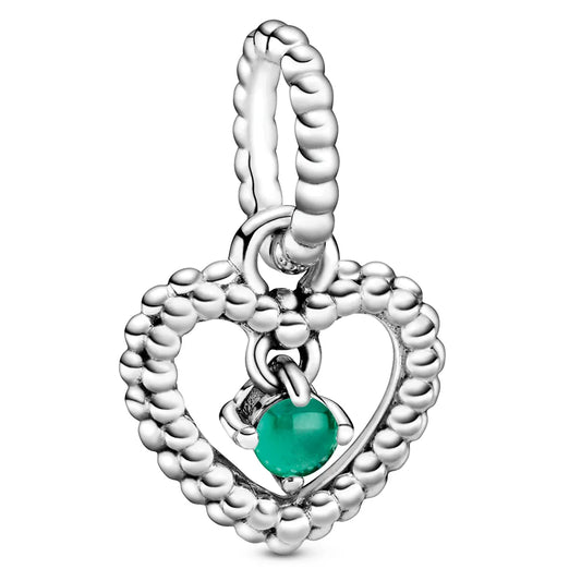 May Dark Green Heart Silver Hanging Charm with Man-Made Dark Green Crystal