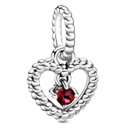 July Passionate Red Heart Silver Hanging Charm with Man-Made Red Crystal