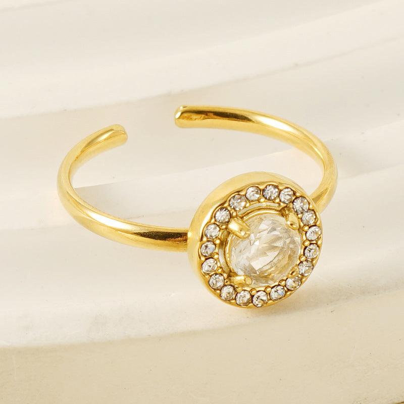 Gold-Plated Round Crystal Ring – Adjustable Prong-Set Fashion Ring - Begum