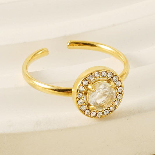 Gold-Plated Round Crystal Ring – Adjustable Prong-Set Fashion Ring - Begum