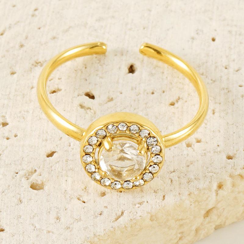 Gold-Plated Round Crystal Ring – Adjustable Prong-Set Fashion Ring - Begum