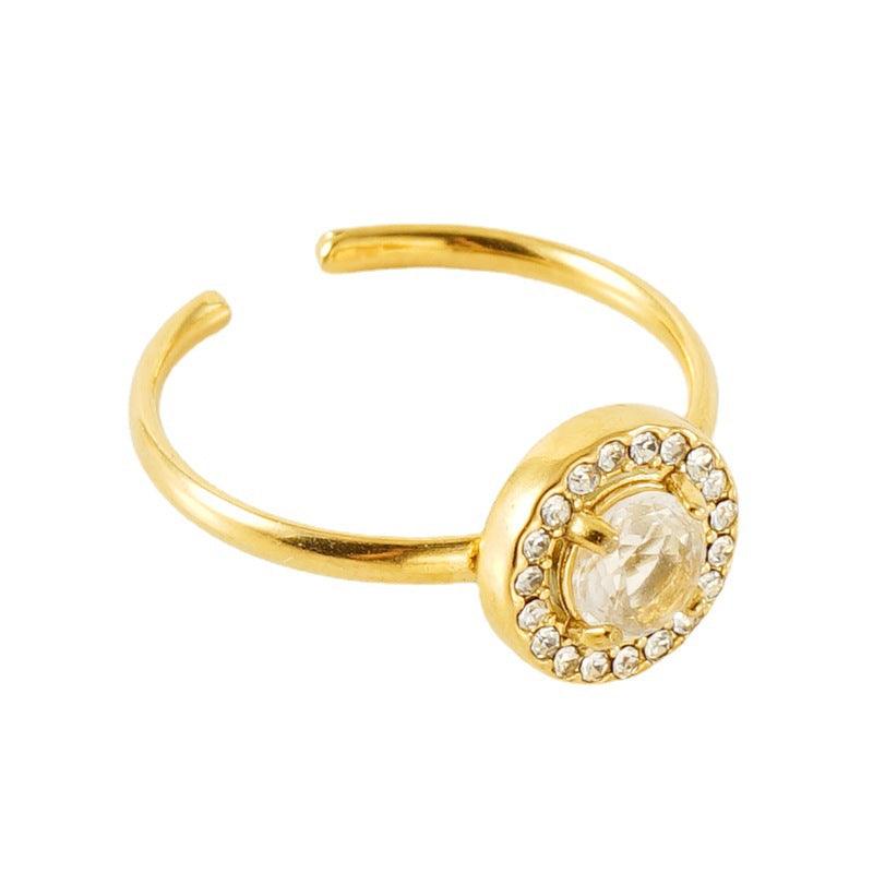 Gold-Plated Round Crystal Ring – Adjustable Prong-Set Fashion Ring - Begum