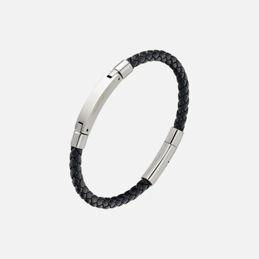 Blaze Stainless Steel Men’s Black Leather Bangle With Steel Bar