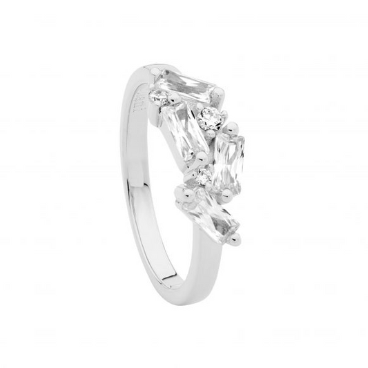 Ellani Sterling Silver Staggered Round & Baguette CZ Cluster Ring R516S