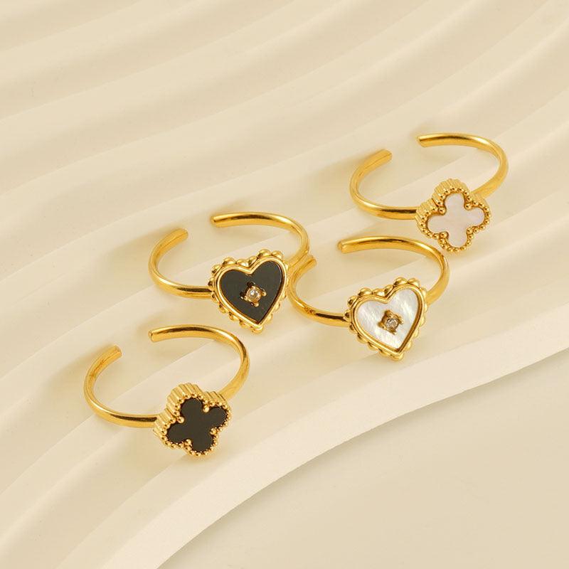 18K Gold-Plated Adjustable Rings with Black Acrylic and Shell Inlays - Begum