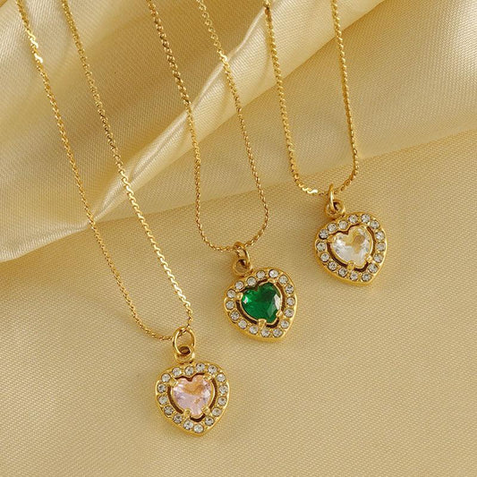 Heart-Shaped Zircon Pendant Necklace – 18K Gold Plated with Colourful Gemstone Options - Begum