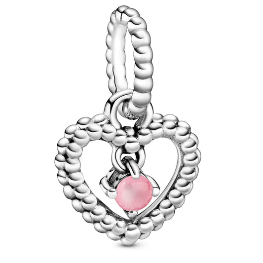 October Petal Pink Heart Silver Hanging Charm with Man-Made Petal Pink Crystal