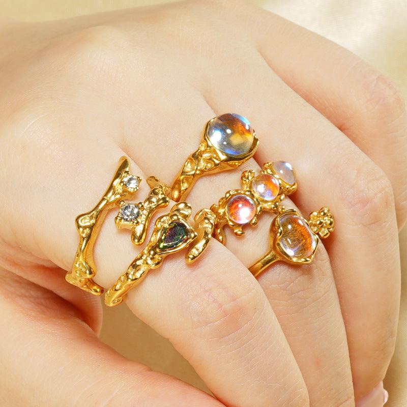 Gold Branch Ring with Cubic Zirconia - Adjustable Women's Fashion Band - Begum