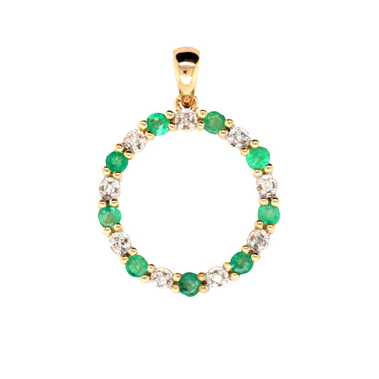 Yellow Gold Emerald and Diamond Circle Pendant