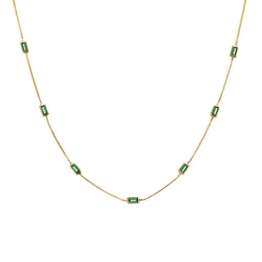 Sterling Silver Fine Box Chain Necklace With Multi Baguette Set Emerald CZ 45cm