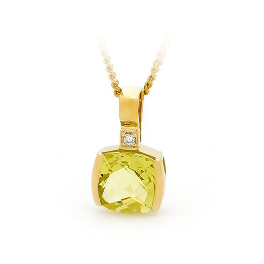 9ct Gold Lemon Quartz with Diamond Pave Set Pendant