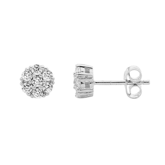 Ellani SS WH CZ Crown Cluster Set 11mm Earring