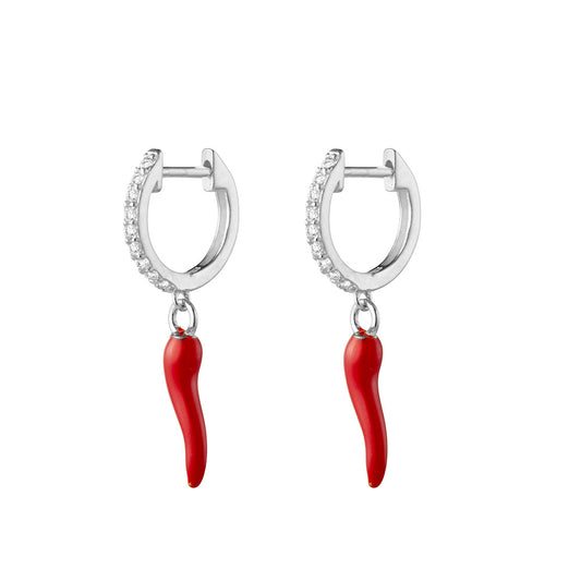 Yellow Gold Plated CZ Huggie Earrings With Red “Cornicello” Horn Charm