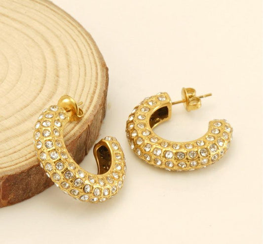 Gold-Plated Copper Hoop Earrings with Zircon Crystals – Classic Sparkling Earrings - Begum