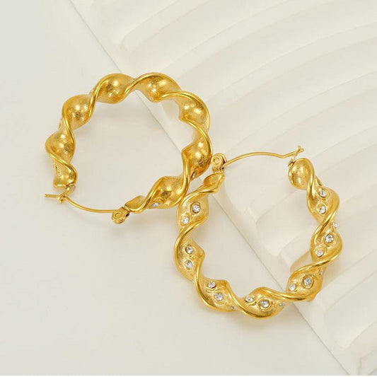 Gold-Plated Twisted Hoop Drop Earrings with Rhinestones – Trendy Earrings - Begum