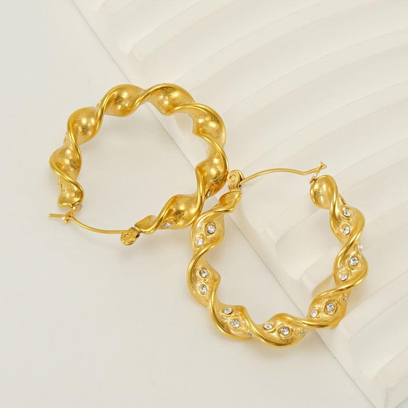 Gold-Plated Twisted Hoop Drop Earrings with Rhinestones – Trendy Earrings - Begum