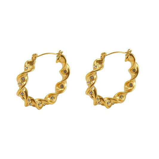 Gold-Plated Twisted Hoop Drop Earrings with Rhinestones – Trendy Earrings - Begum