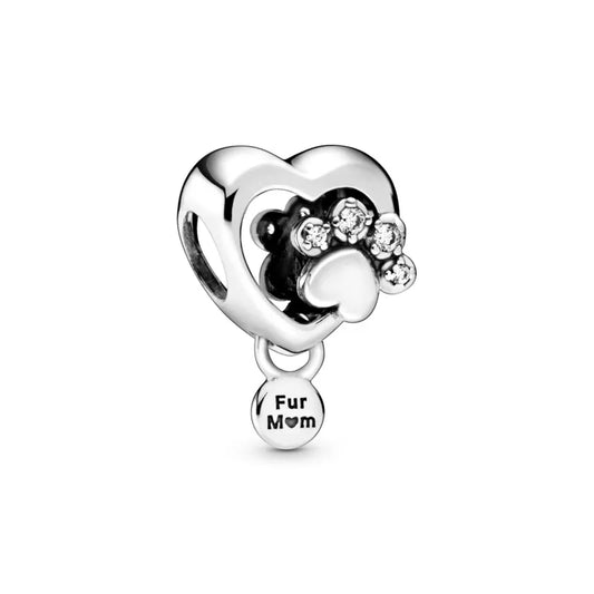 Sparkling Paw Print & Heart Silver Charm w CZ