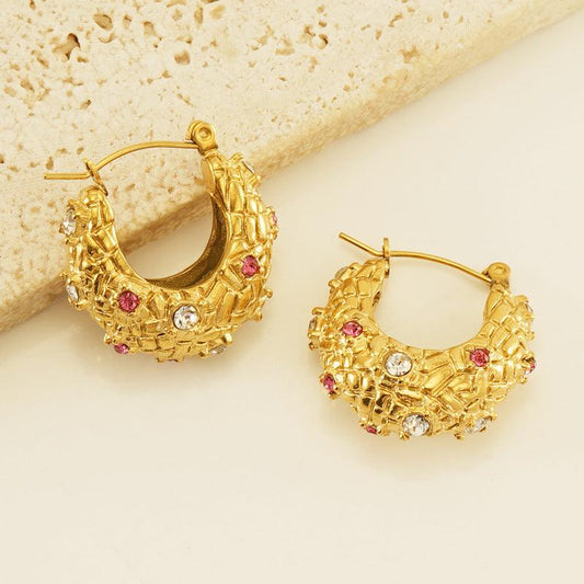 Gold Textured Hoop Earrings with Pink and White Crystals - Begum