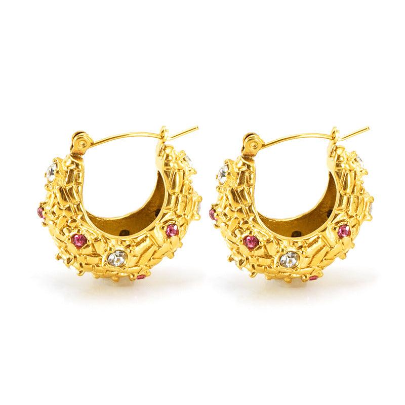 Gold Textured Hoop Earrings with Pink and White Crystals - Begum