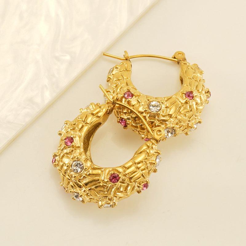 Gold Textured Hoop Earrings with Pink and White Crystals - Begum