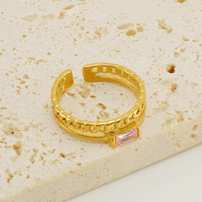 18K Gold Plated Stainless Steel Chain Ring with Pink Zircon Gemstone - Begum