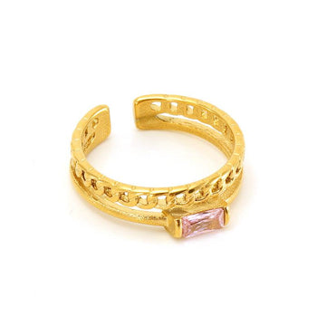 18K Gold Plated Stainless Steel Chain Ring with Pink Zircon Gemstone - Begum