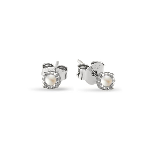 Yellow Gold Plated Sterling Silver Bead Framed Pearl Stud Earrings