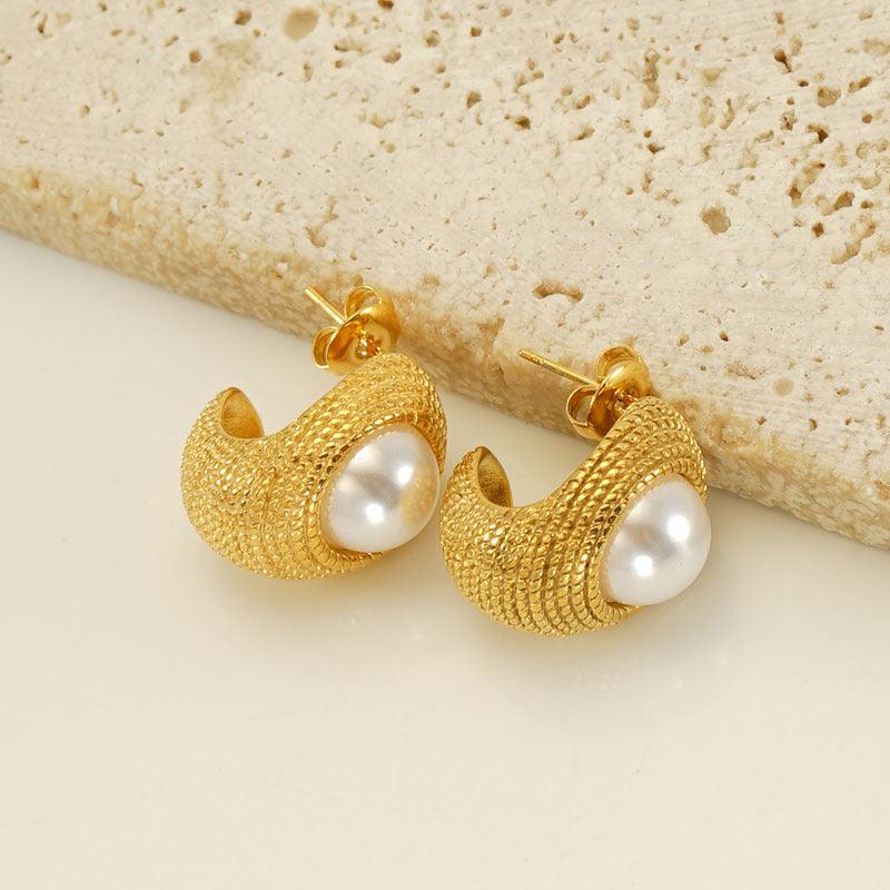 Gold-Plated Simulated Pearl Stud Earrings – Elegant Vintage Bohemian Earrings - Begum