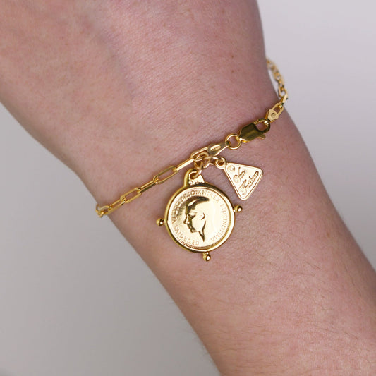 Von Treskow Fine Clip Chain bracelet with Australian Threepwnce Coin In Compass Frame