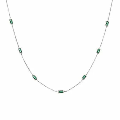 Sterling Silver Fine Box Chain Necklace With Multi Baguette Set Emerald CZ 40+5cm