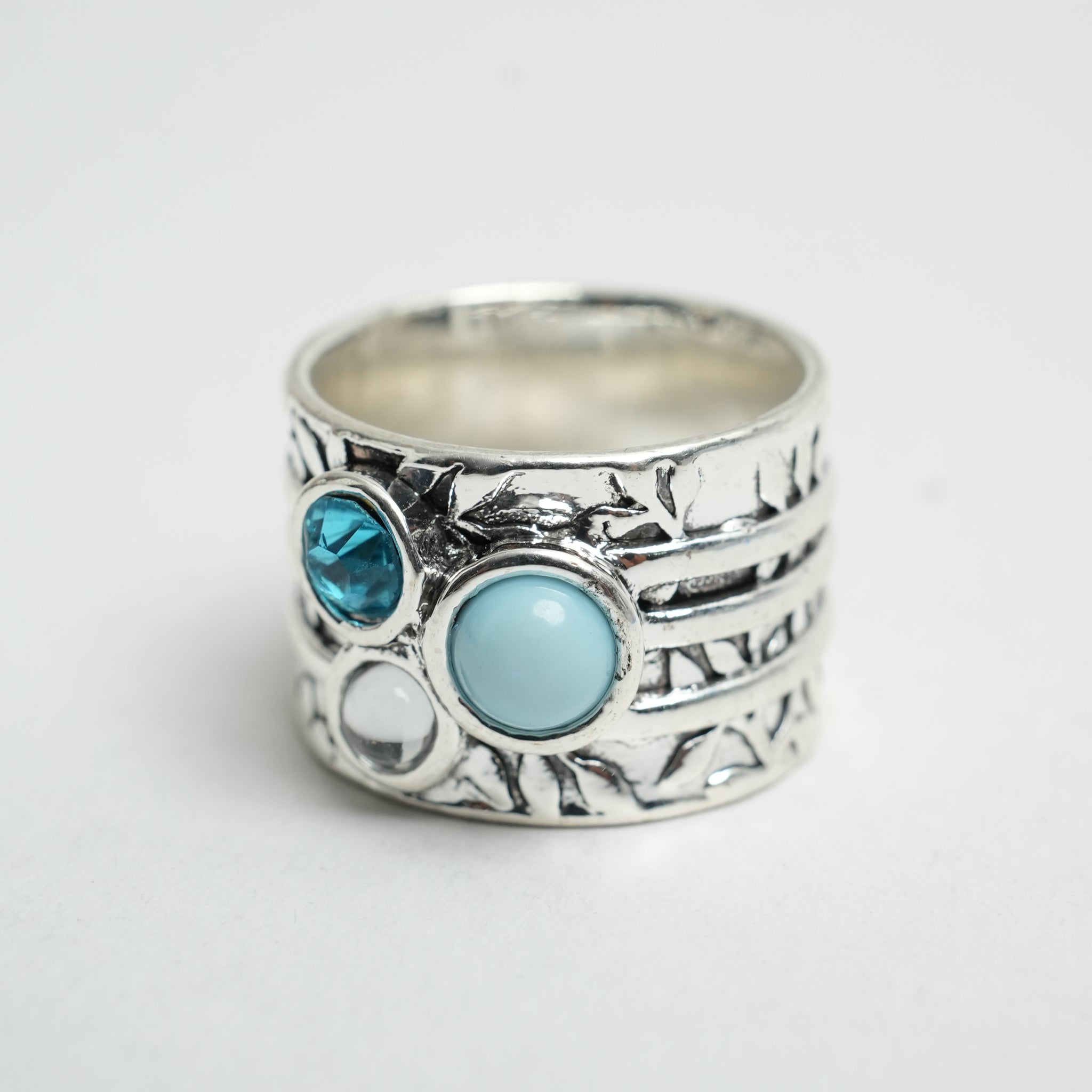 Unique Silver Statement Ring with Turquoise and Crystal Accents