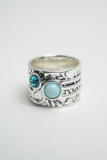 Unique Silver Statement Ring with Turquoise and Crystal Accents