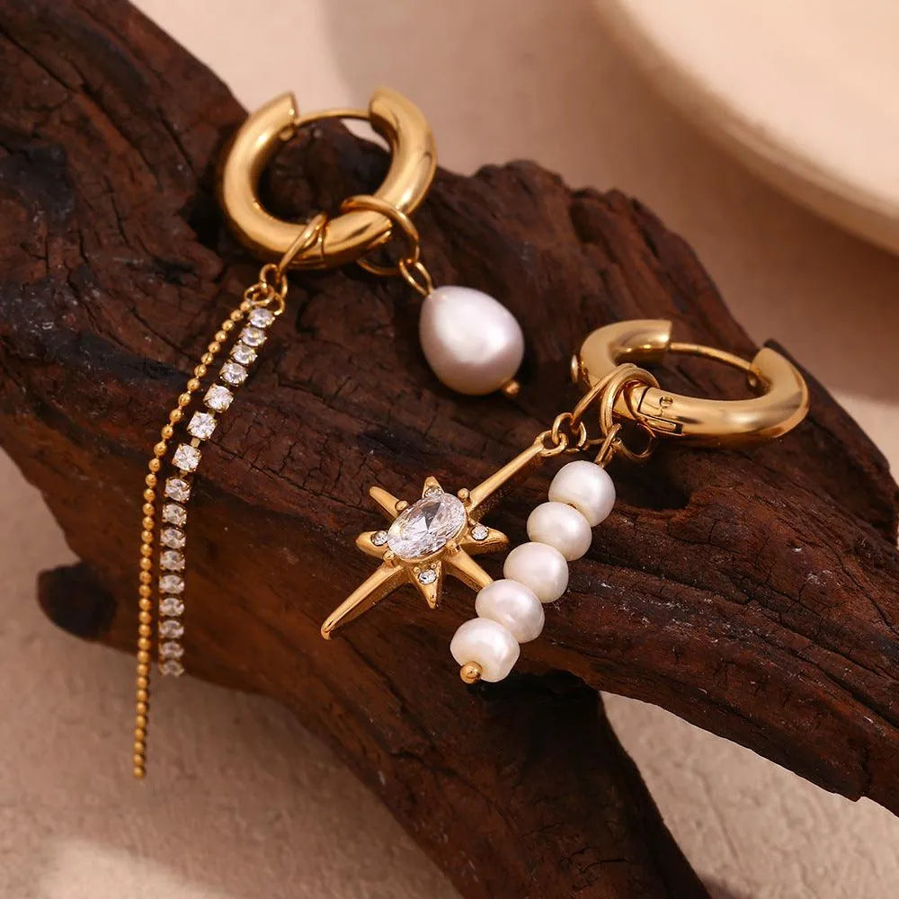 Asymmetrical Pearl Drop Earrings with Star Charm – Statement Earrings for Women - Begum