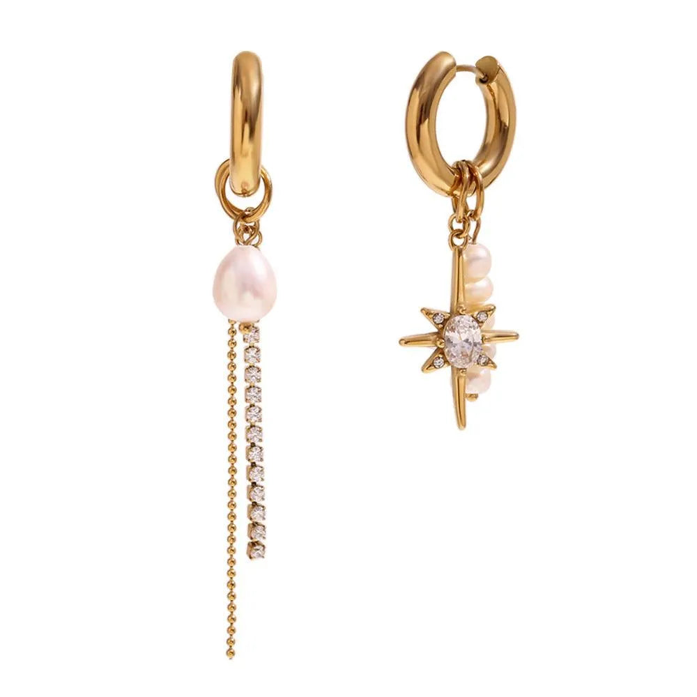 Asymmetrical Pearl Drop Earrings with Star Charm – Statement Earrings for Women - Begum