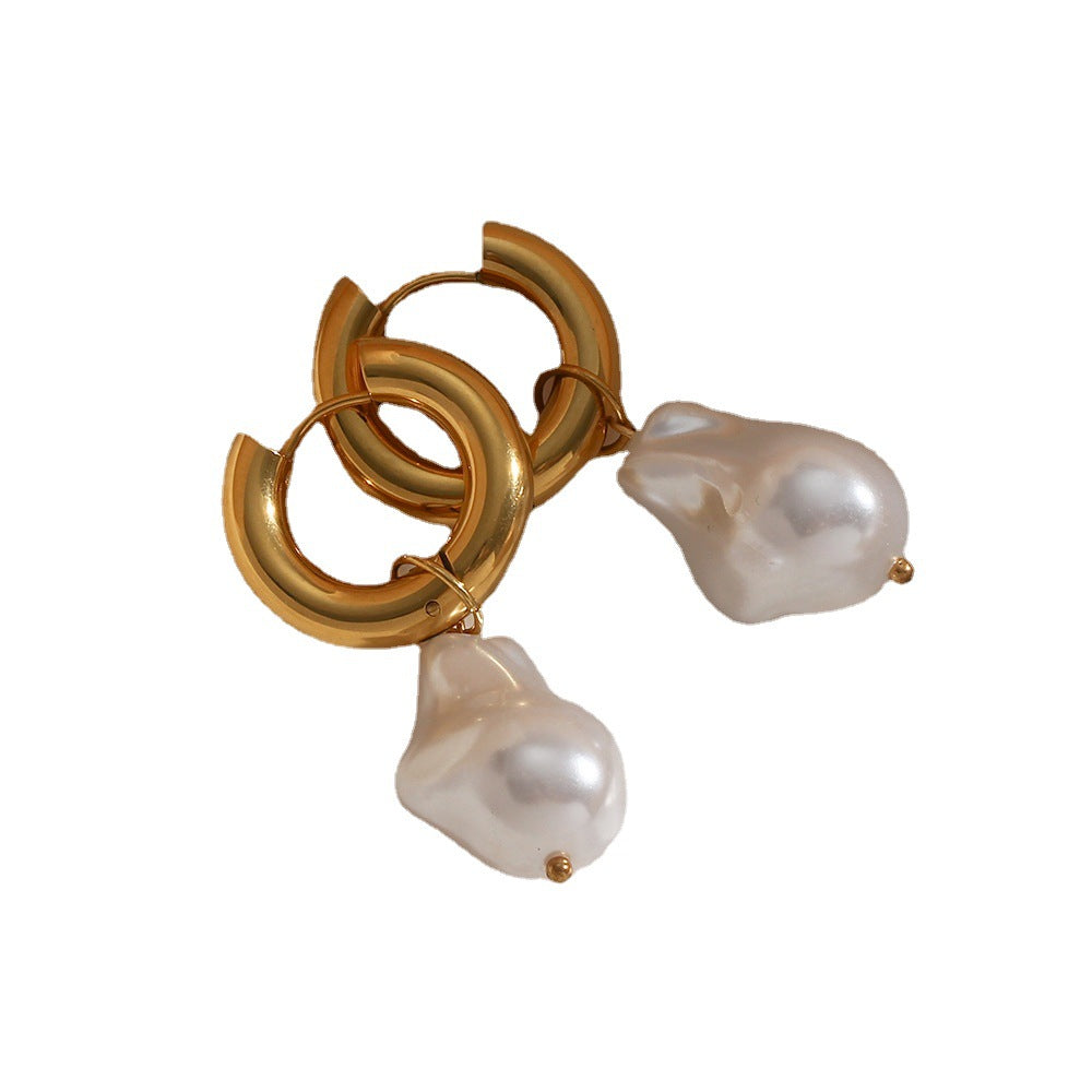 Trendy Gold Geometric Pearl Drop Hoop Earrings – A Must-Have Fashion Accessory for Women